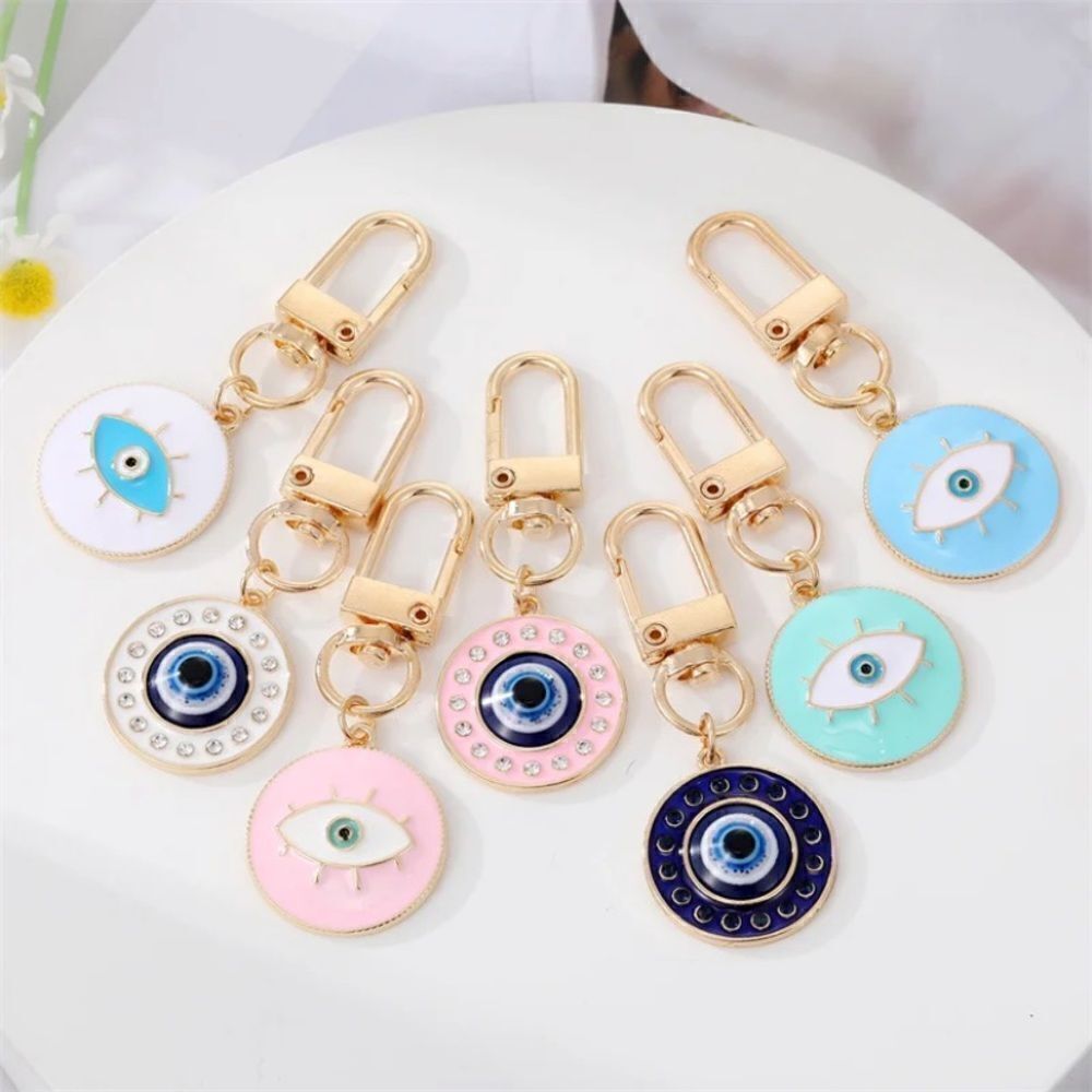 Round Evil Eye Keychain Keyring NWT Zinc Alloy Rhinestone